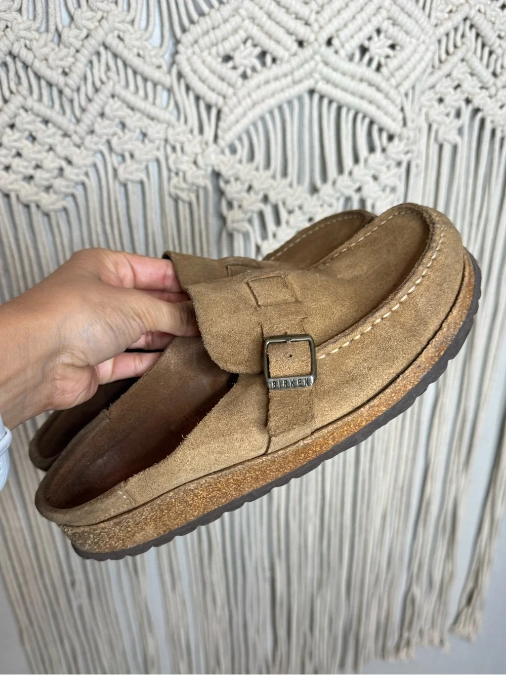 Birkenstock Suede Slip-On Clog in Tan Brown with Buckle